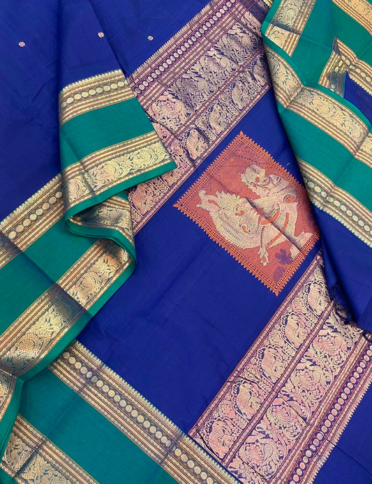 Pure Handloom Kanchi rich Cotton Saree | royal blue x green | rettaipet zari border X rich handwoven kalaimagal zari pallu