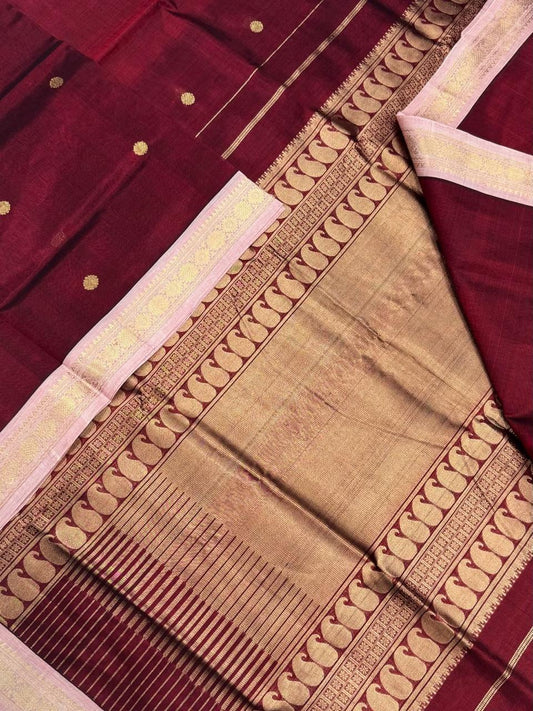 Kanchi Silk Cotton Sarees | rich pallu X tiny pastel border | marron X baby pink