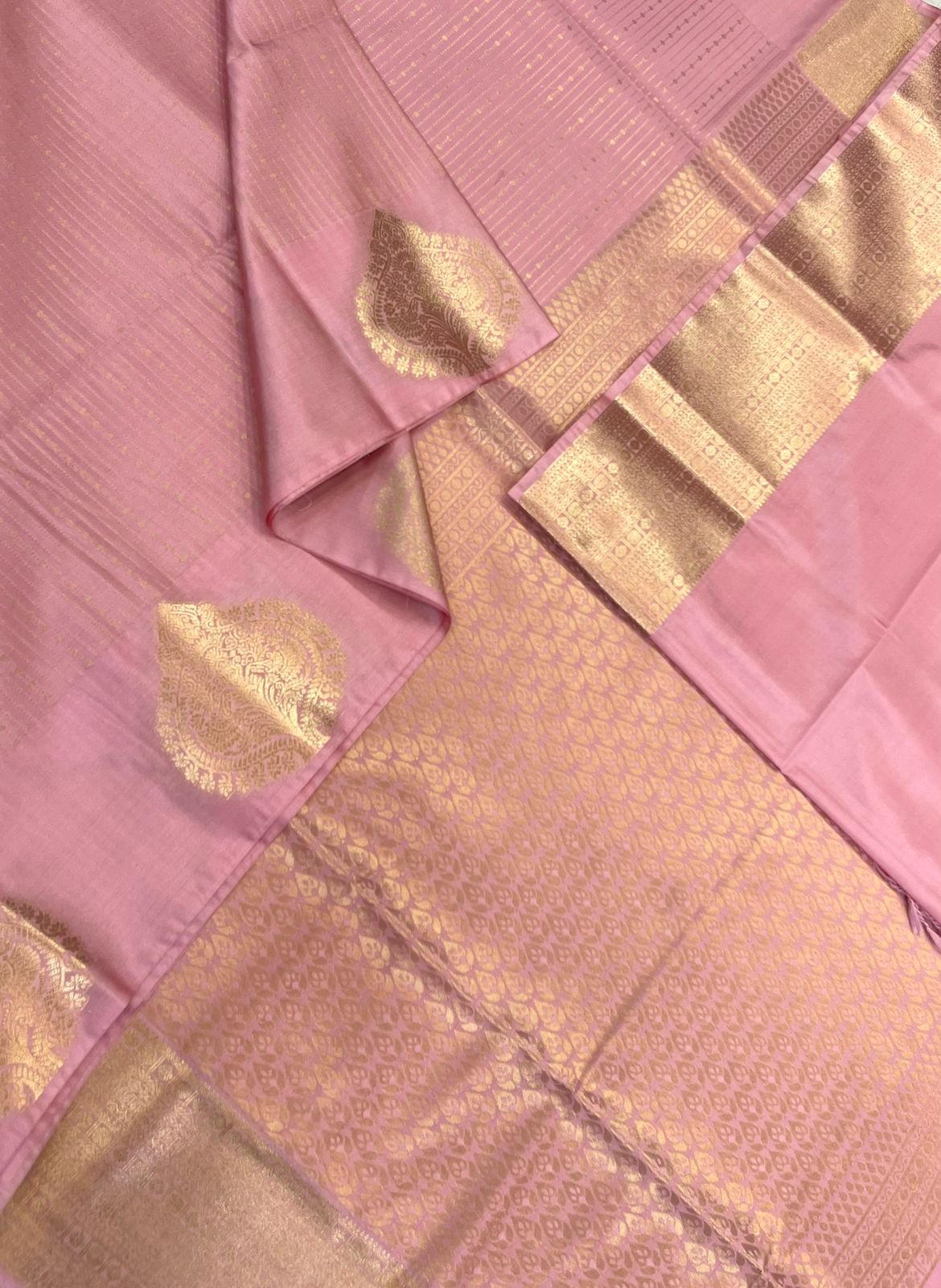 Vegan Silk Sarees Online | golden drop X thilagam border motif | pastel pink