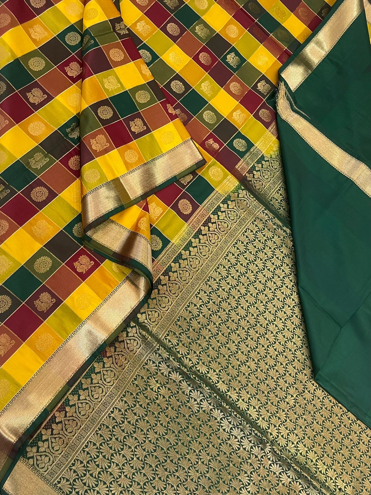 Vegan Silk Sarees Online | Palum Pazhamum kattam X gold | marron X manjal X bottle green