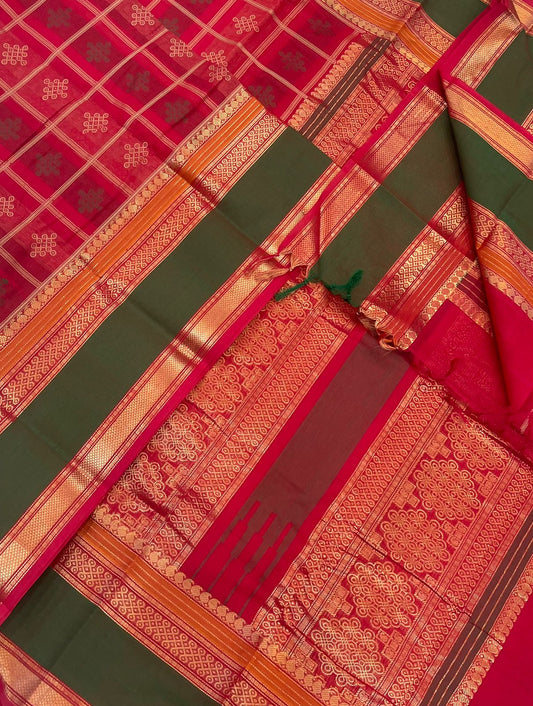 Pure Handloom Kanchi rich Cotton Saree | kolam 1000 butta | red x green