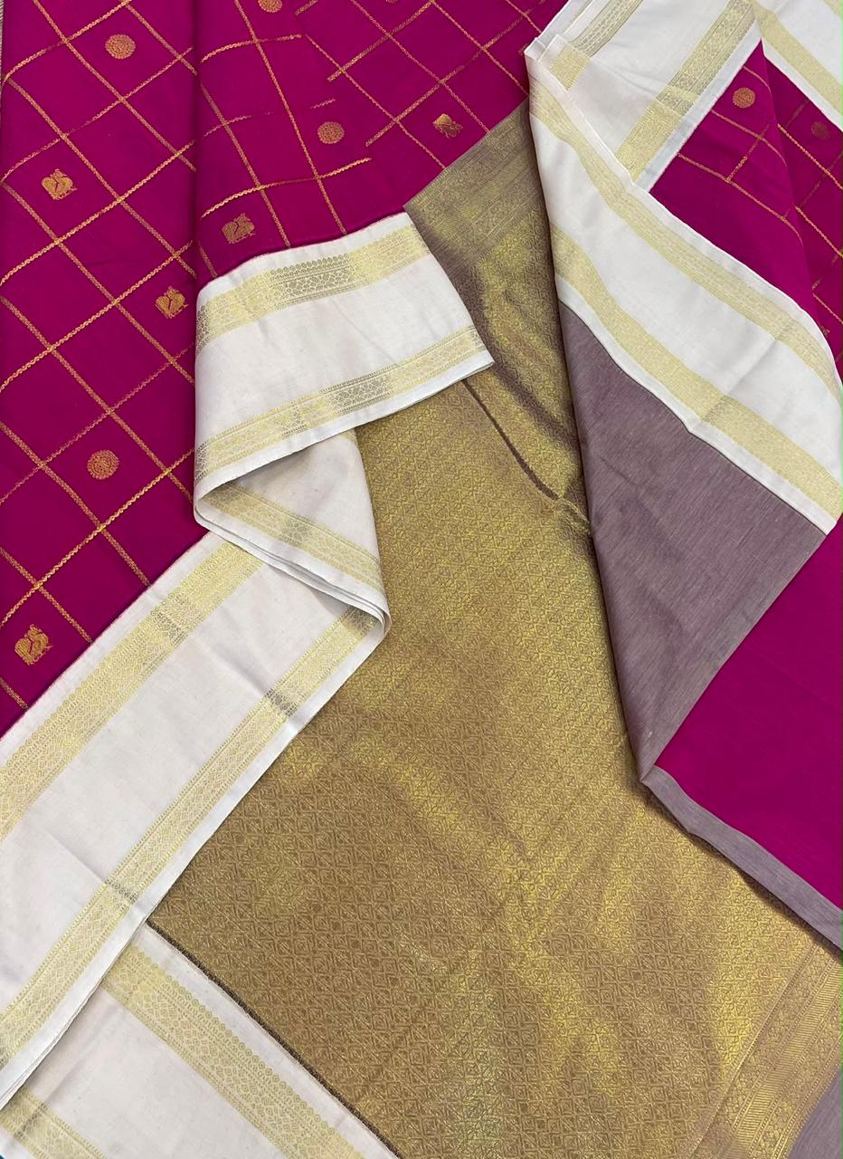 Semi Silk soft Cotton Sarees | korvai Rettaipet border X mayil chakram kattam | dark pink x cream | NKV11