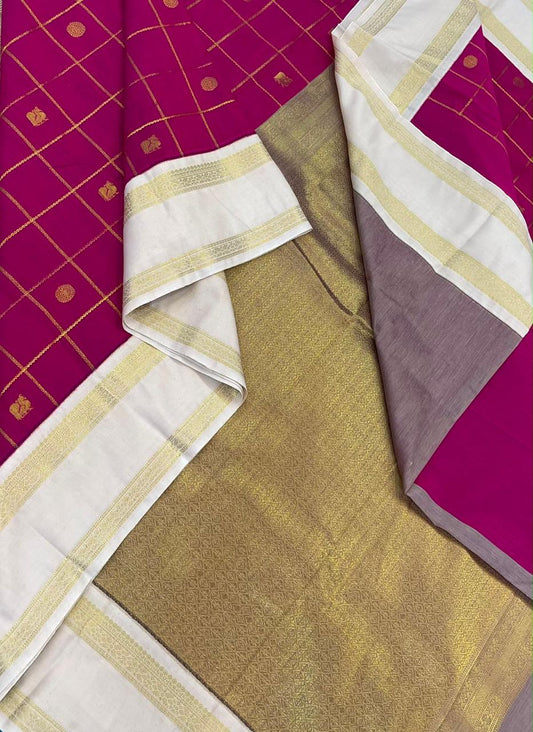 Semi Silk soft Cotton Sarees | korvai Rettaipet border X mayil chakram kattam | dark pink x cream | NKV11