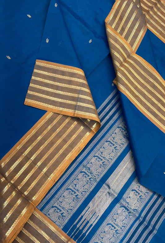 Kanchi Silk Cotton Sarees | tiny motif x salangai border | blue  X mustard