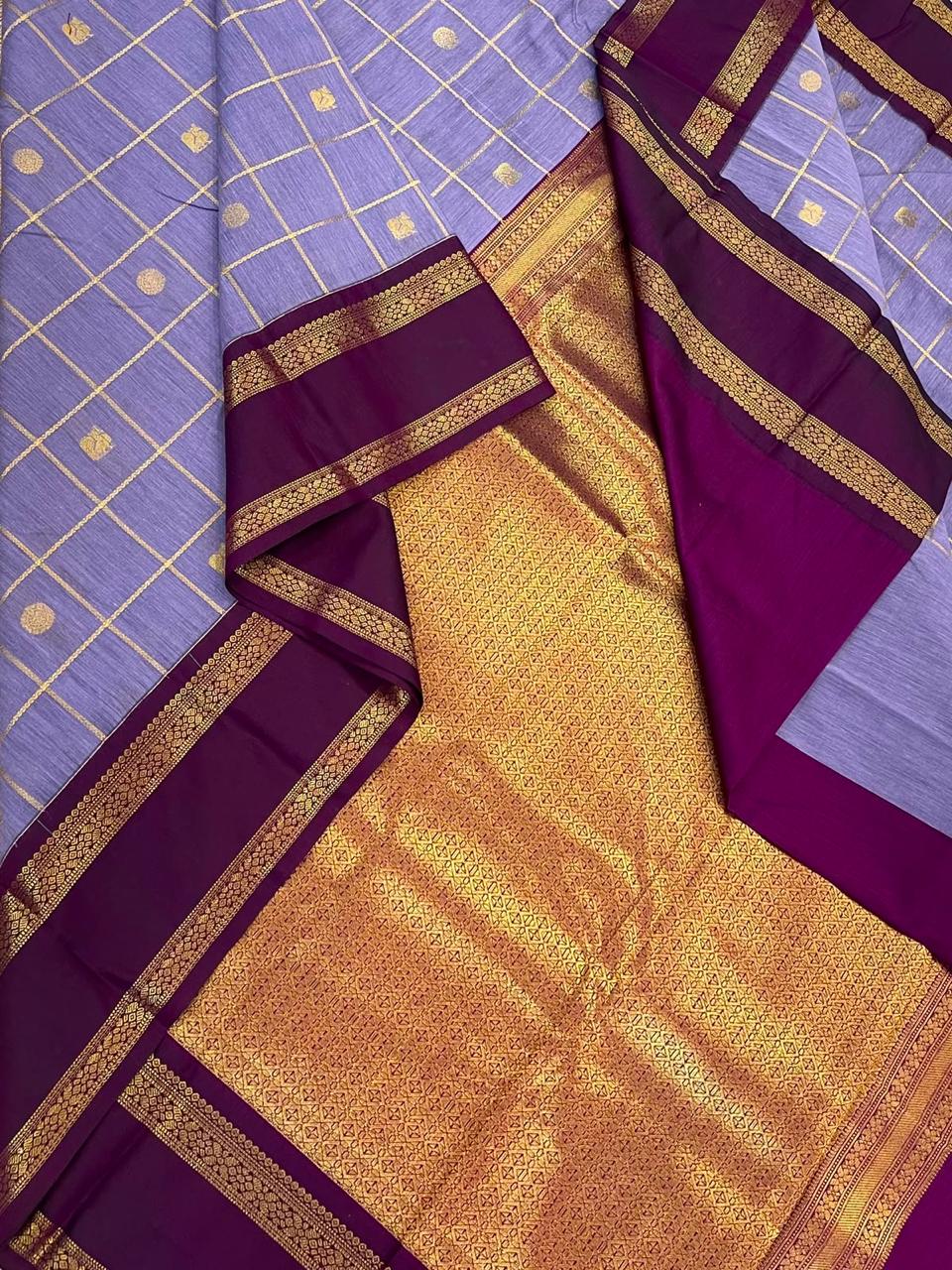 Semi Silk soft Cotton Sarees | korvai Rettaipet border X mayil chakram kattam | lavender 🪻 x burgundy | NKV11
