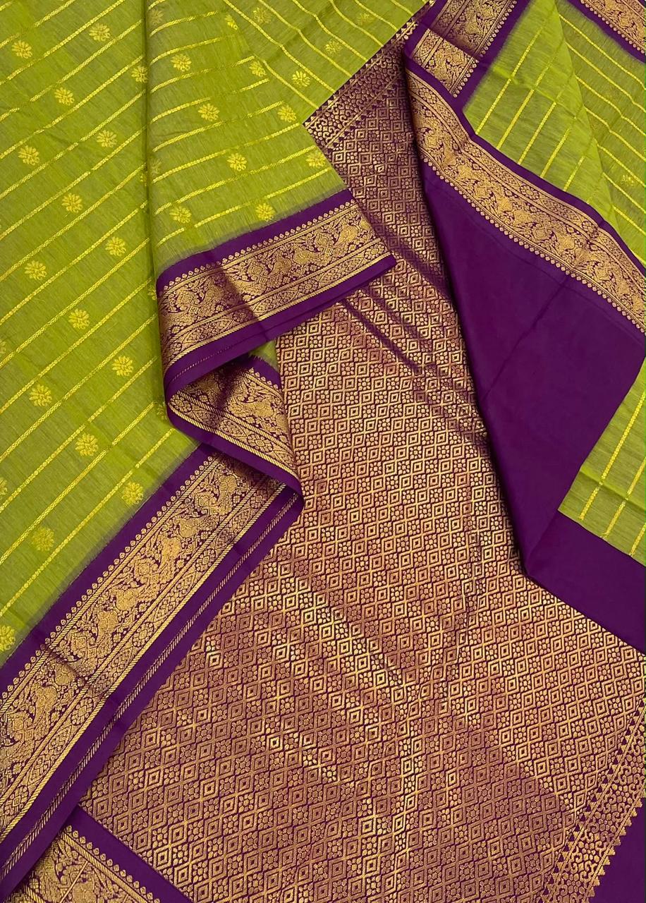 Semi Silk soft Cotton Sarees | korvai  border X  veldhari  | green x dark violet | NKV11