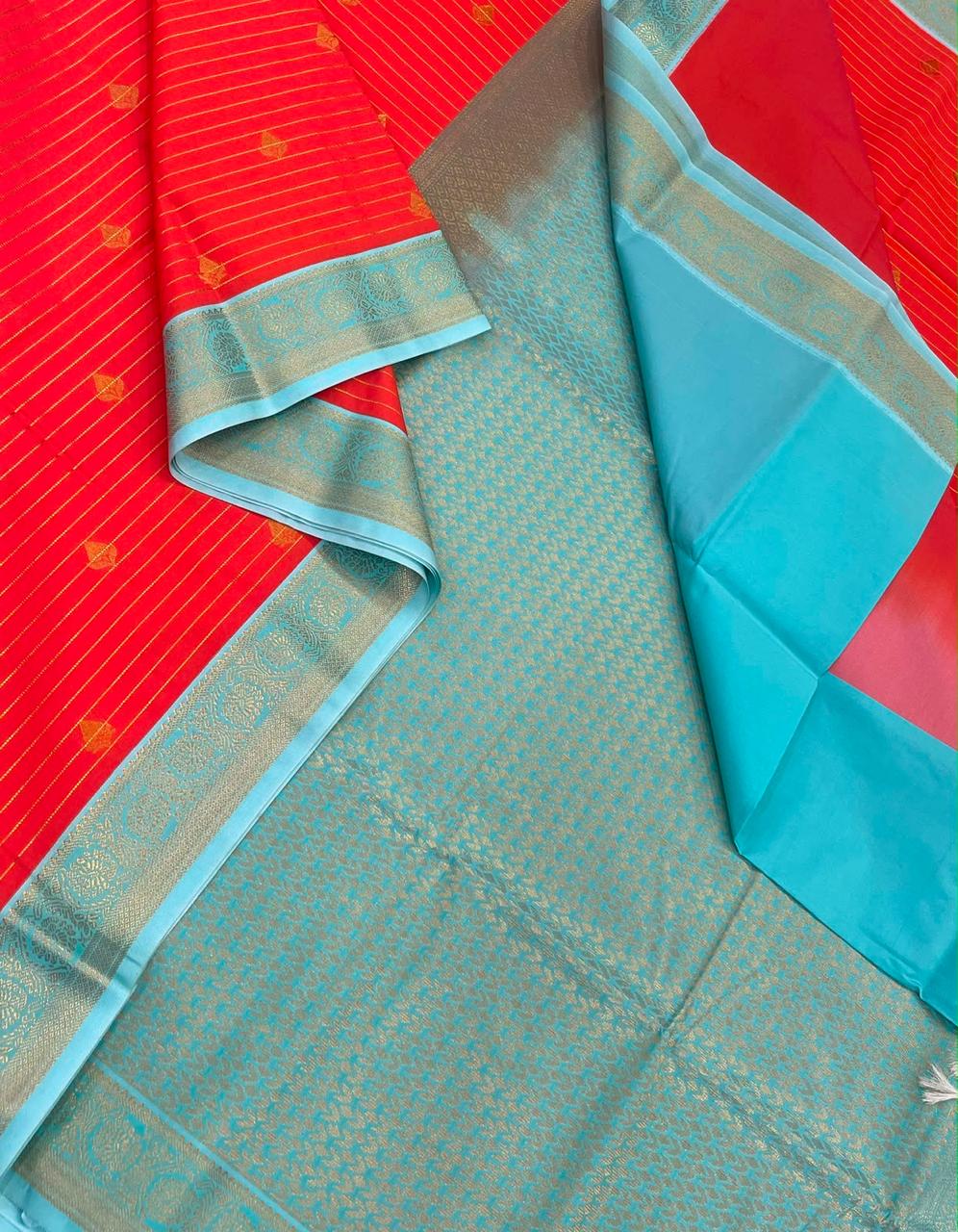 Vegan Silk Sarees Online | vairaoosi butta x small border | orange x sky blue