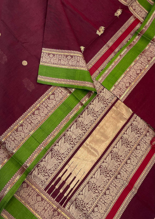Kanchi Silk Cotton Sarees | luxury silk cotton | thread woven pallu X minimal zari motif | marron x green