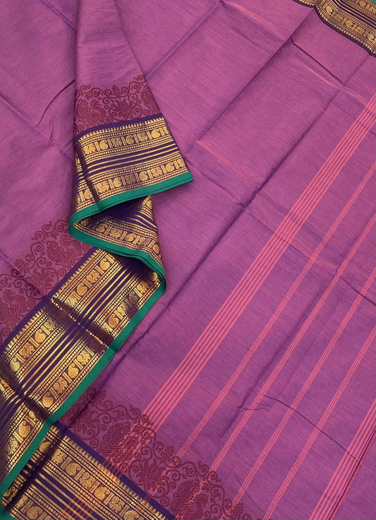 Kanchi soft cotton | lavender x green | mayil threads zari border