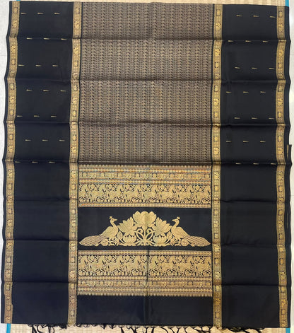 Traditional Kanchipuram Silk Sarees  | zero zari & minimal Zari | varisaipet Xmuppagam | black | Handwoven luxury x 4 ply master weave | NKV35