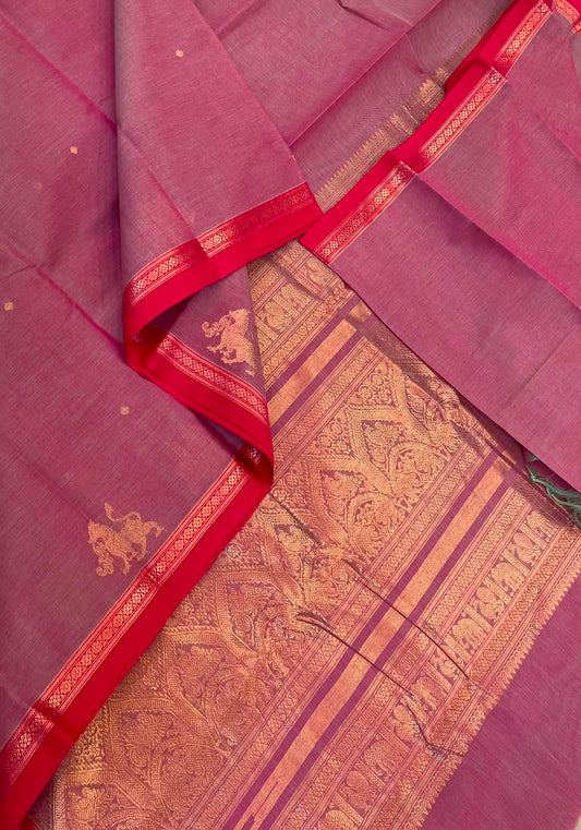 Pure Handloom Kanchi rich Cotton Saree | pastel pink x red | tiny border X rich handwoven zari pallu