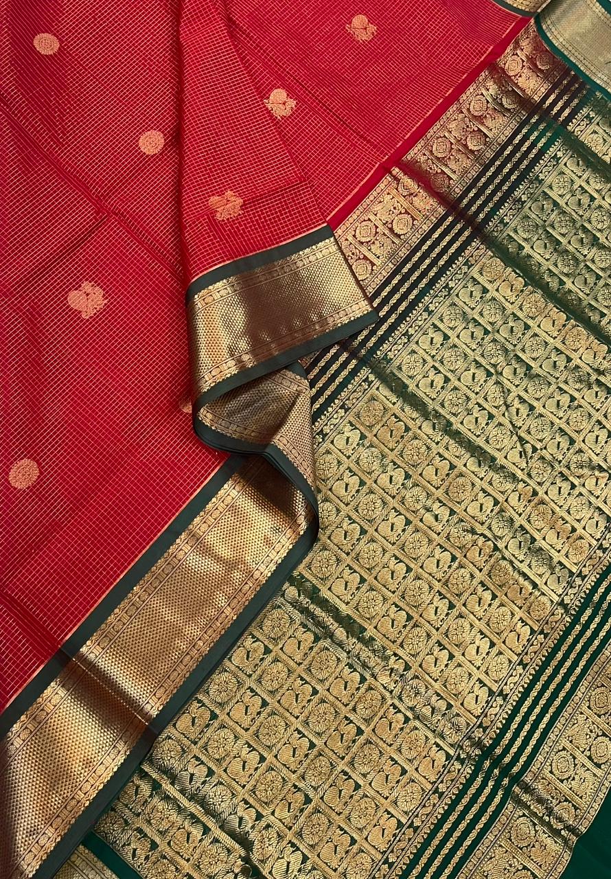 Kanchi Silk Cotton Sarees | luxury silk cotton | mayil chakram  | red X green NKV37