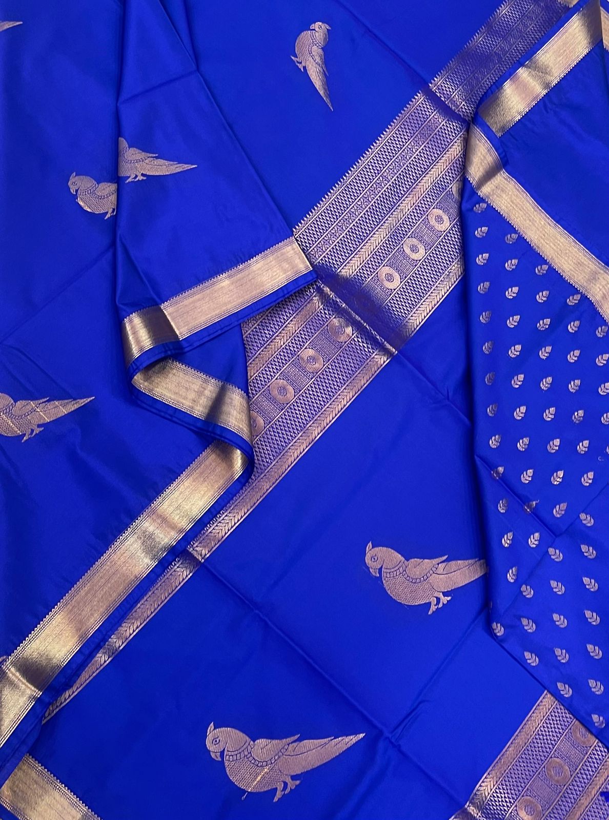 Vegan Silk Sarees Online | royal blue X gold | killi motif