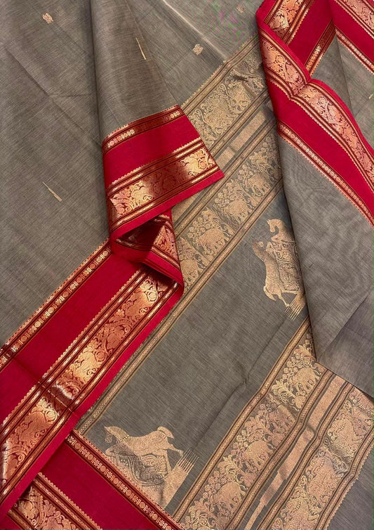 Kanchi Silk Cotton Sarees | rettaipet zari woven border  x double horse pallu | grey X orange