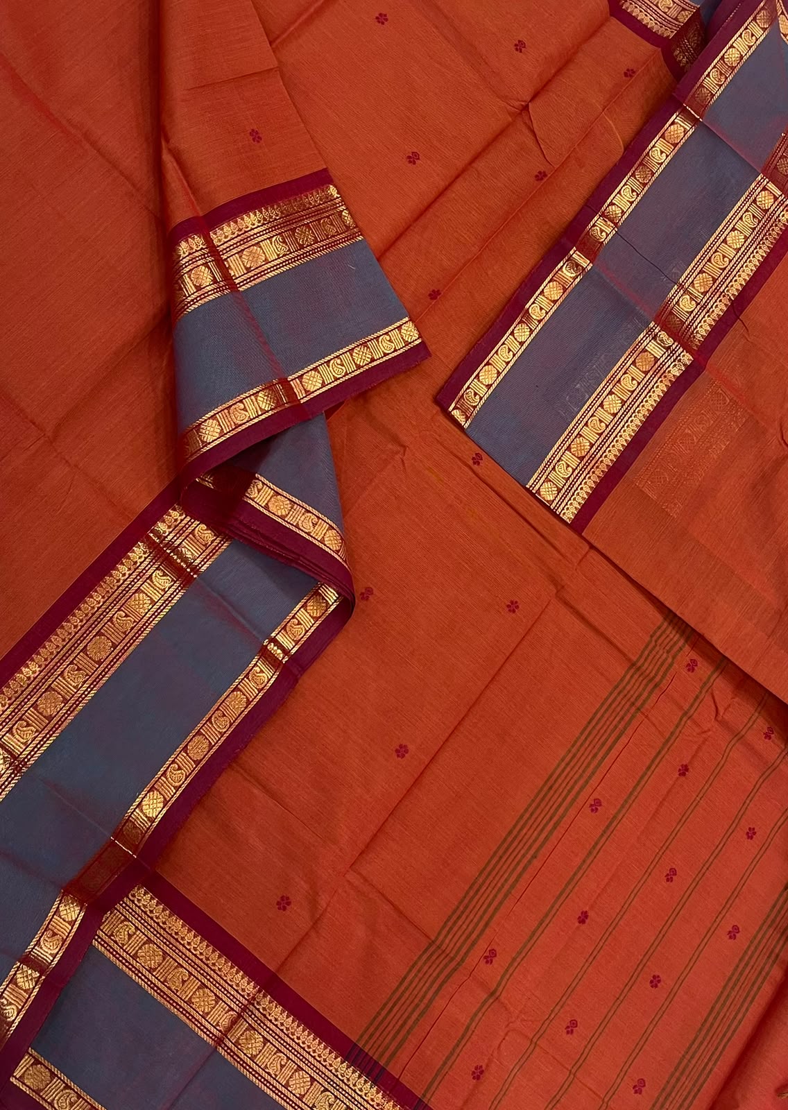Kanchi soft cotton | brick 🧱 orange x blue |  Zari rettaipet border