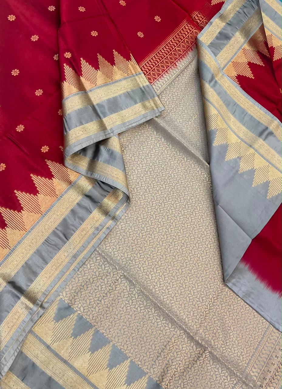 Vegan Silk Sarees Online | kamalam butta x temple rettaipet| brick red x grey