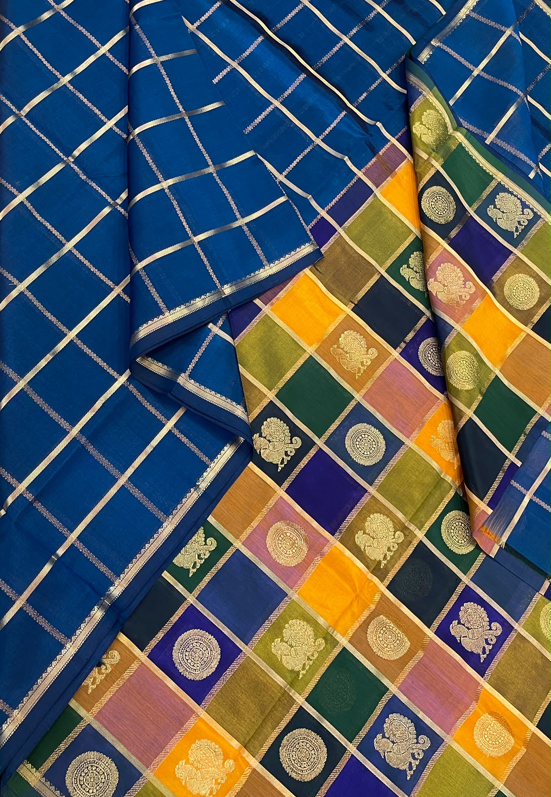 Kanchi Silk Cotton Sarees | luxury silk cotton | zari kattam blue x gold| palum pazhamum kattam x mayil chakram  | NKV37