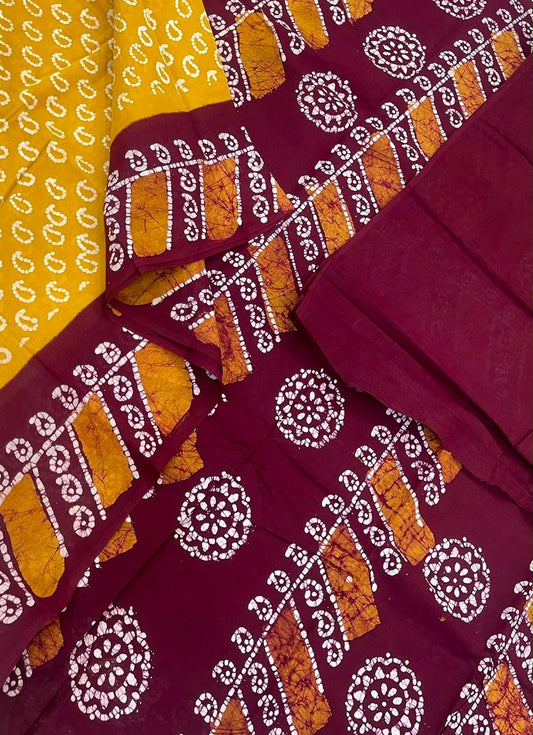 Madurai Sungudi soft cotton | yellow x marron | tiny Zari border