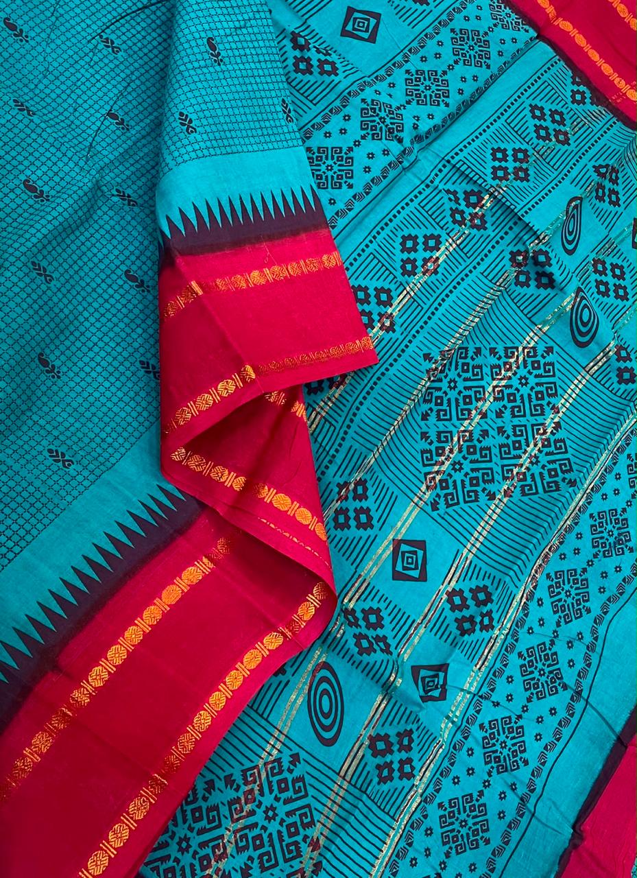 Madurai Sungudi soft cotton | blue x red | rettaipet Zari border