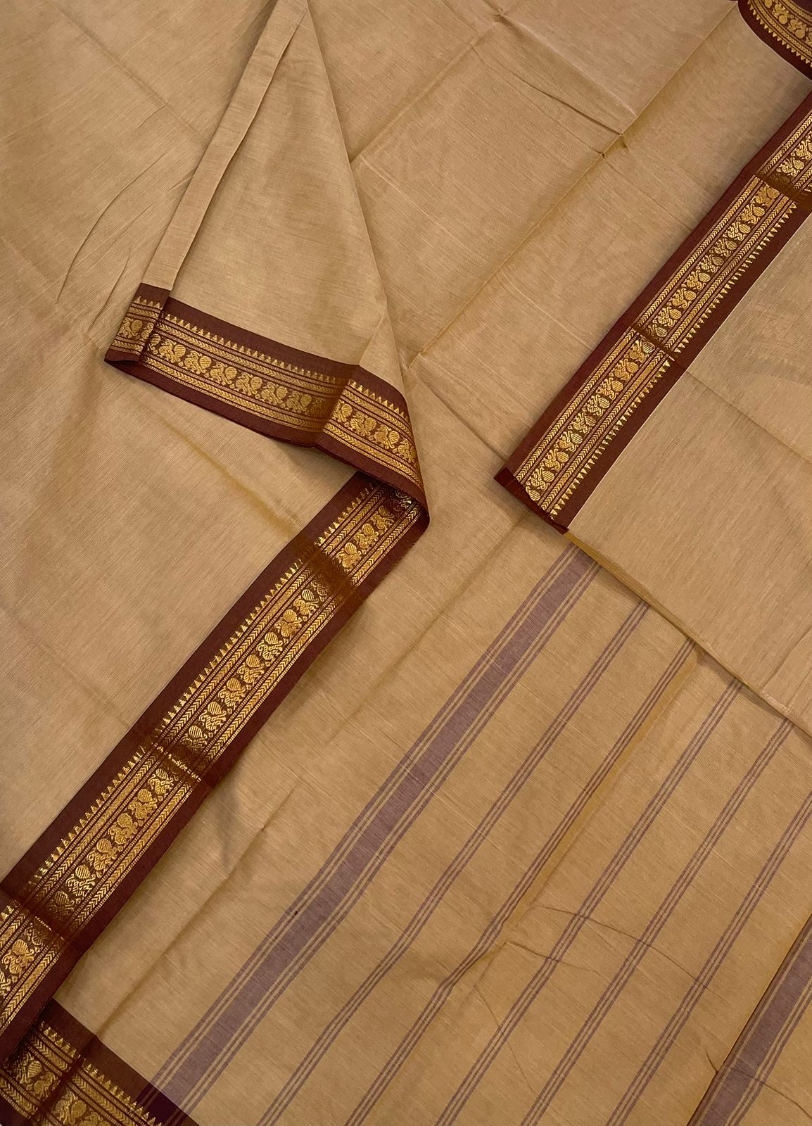 Kanchi soft cotton | Zari tiny border | beige x marron