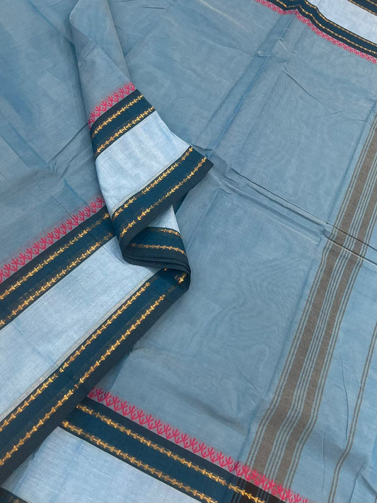 Kanchi soft cotton | greyish blue x blue |  rettaipet minimal zari border