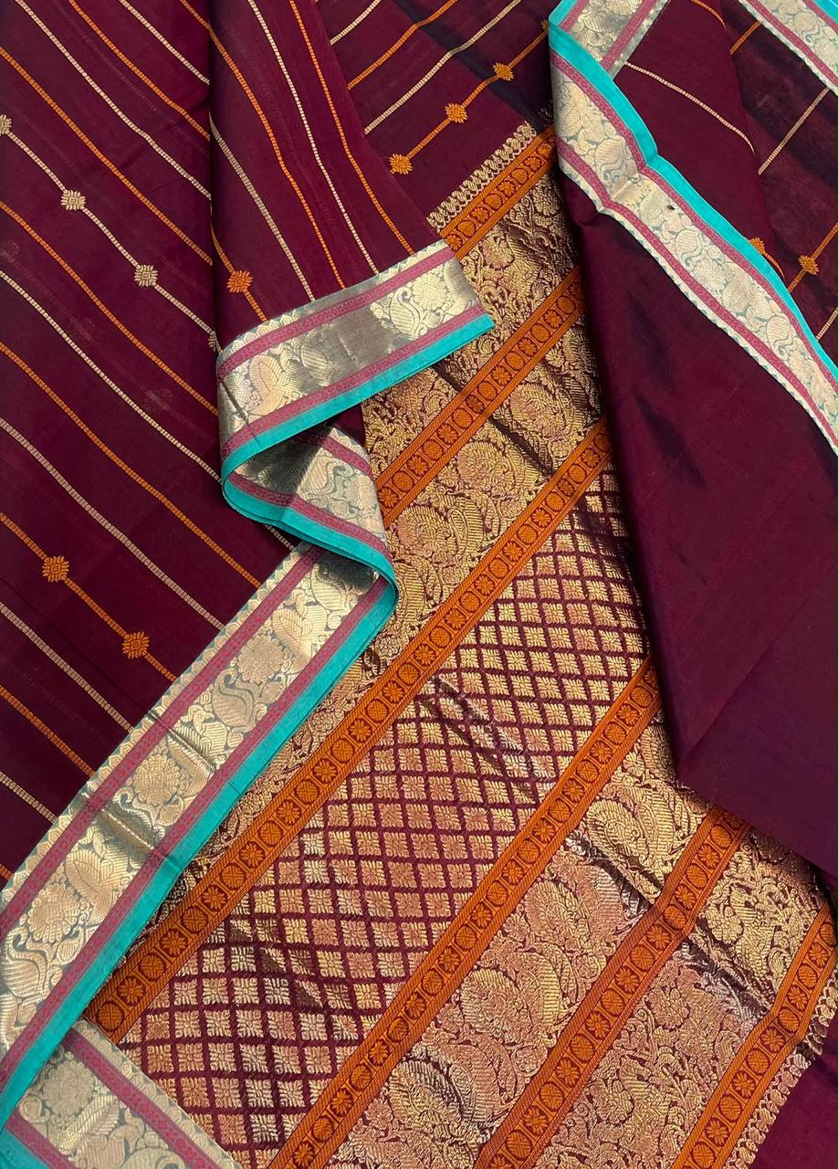 Kanchi Silk Cotton Sarees |  zari woven border x vertical veldhari | marron x sky-blue