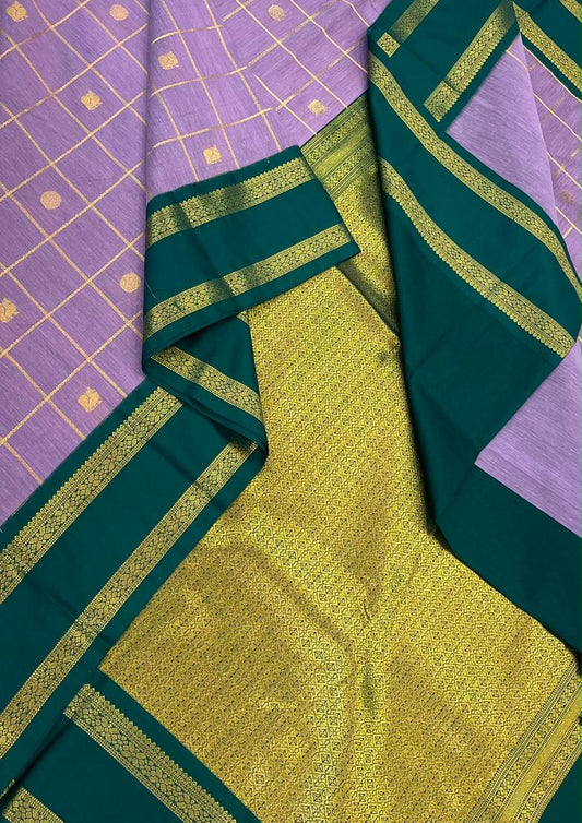 Semi Silk soft Cotton Sarees | korvai Rettaipet border X mayil chakram kattam | lavender 🪻 x dark green | NKV11