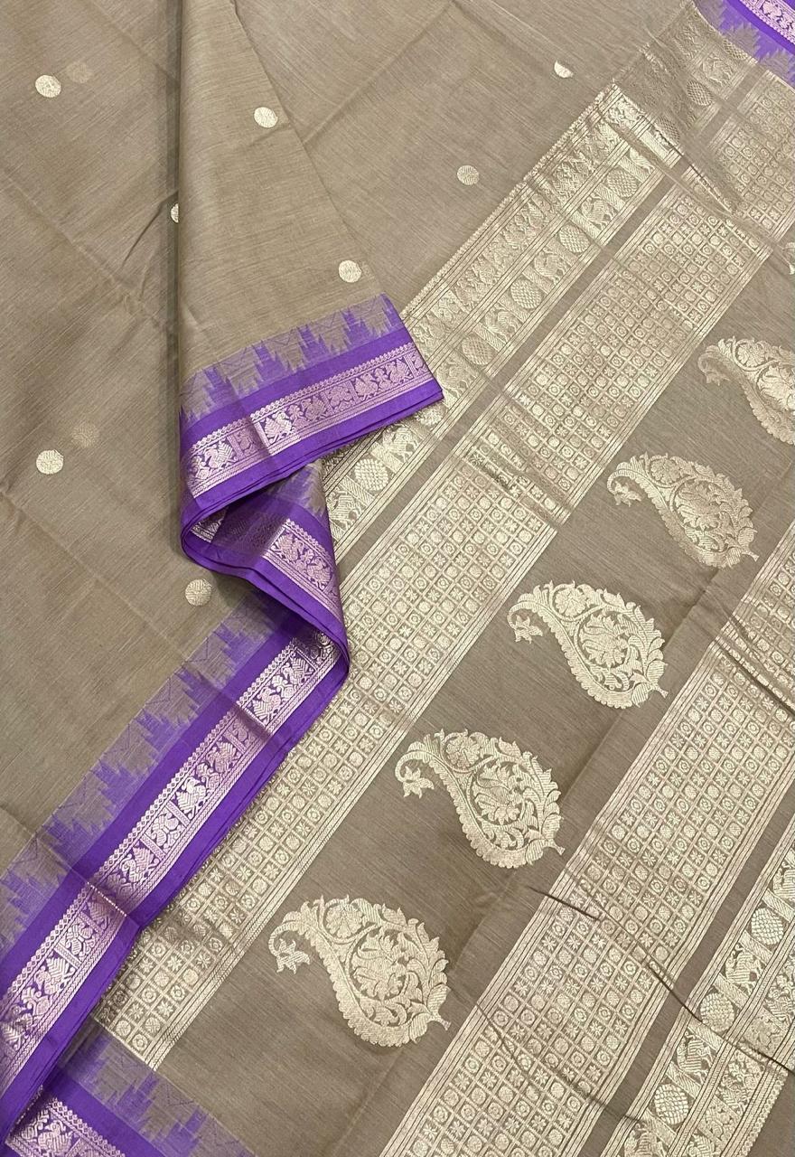 Pure Handloom Kanchi rich Cotton Saree | rich tiny border x tiny motif |  beige x violet