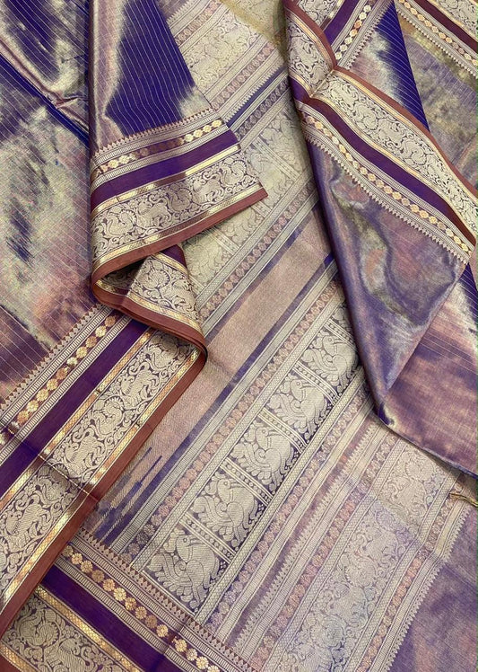 Kanchi tissue Silk Cotton Sarees | rettaipet zari thread woven border  x tissue body   | lavender 🪻 X gold