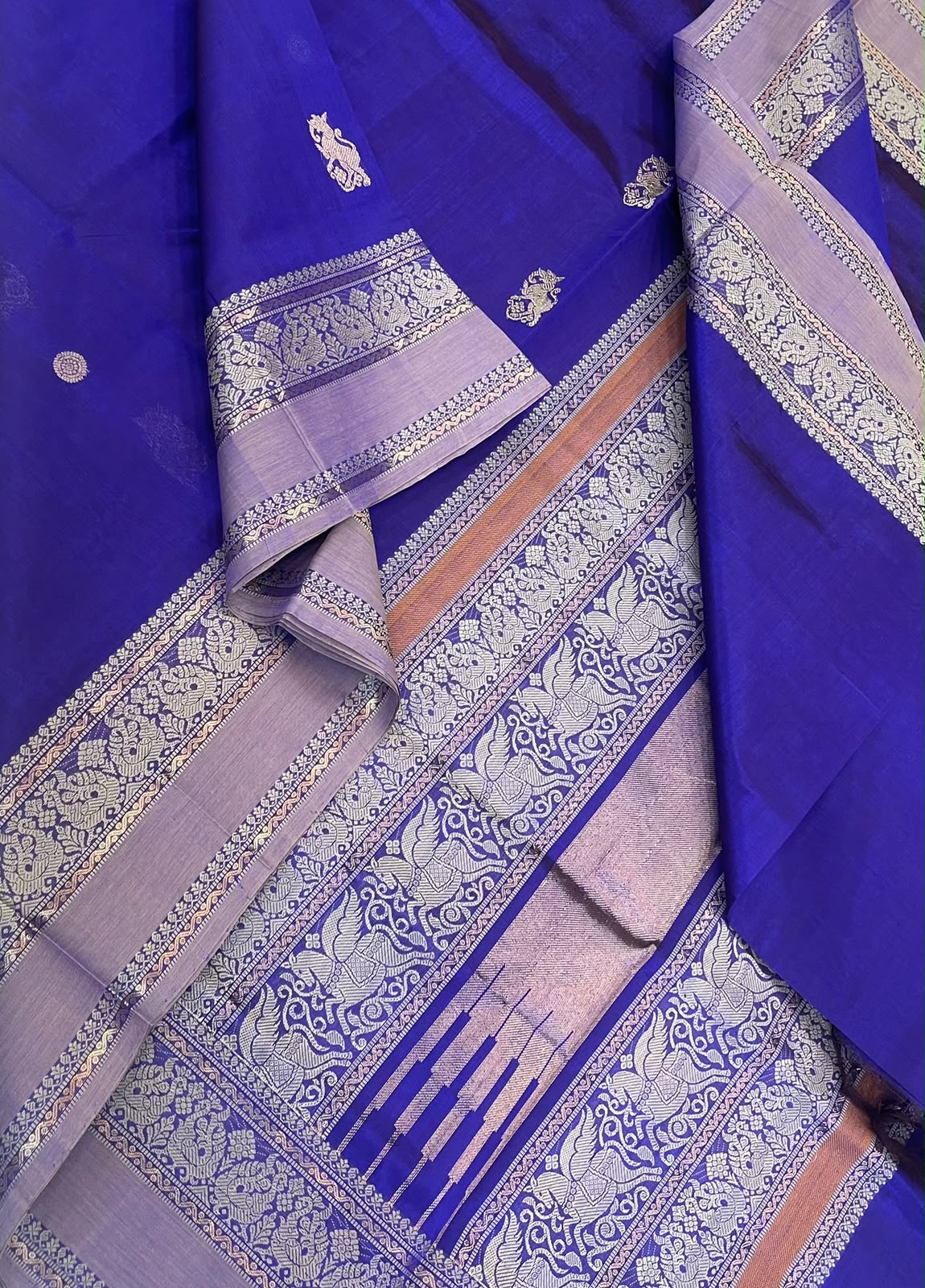 Kanchi Silk Cotton Sarees | rettaipet thread woven border  x rich pallu | royal blue x padtel lavender