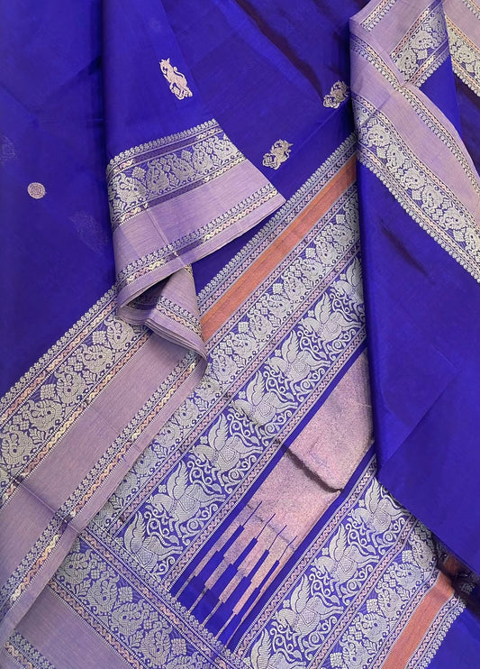 Kanchi Silk Cotton Sarees | rettaipet thread woven border  x rich pallu | royal blue x padtel lavender