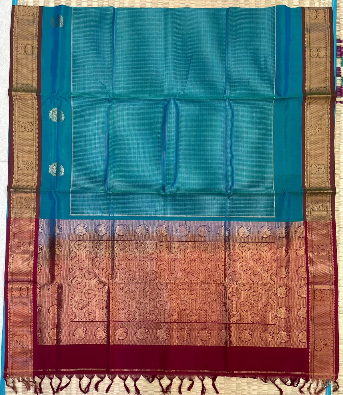 Kanchi Silk Cotton Sarees | luxury silk cotton |  muthukattam x mango motif | torquise blue x marron | NKV37