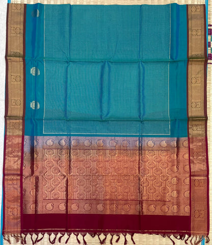 Kanchi Silk Cotton Sarees | luxury silk cotton |  muthukattam x mango motif | torquise blue x marron | NKV37