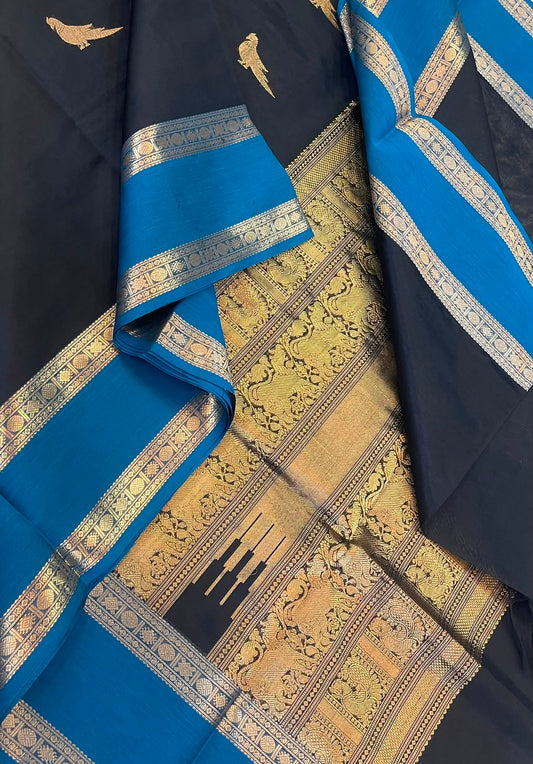 Kanchi Silk Cotton Sarees | luxury silk cotton | killi motif x rettaipet border | black x blue