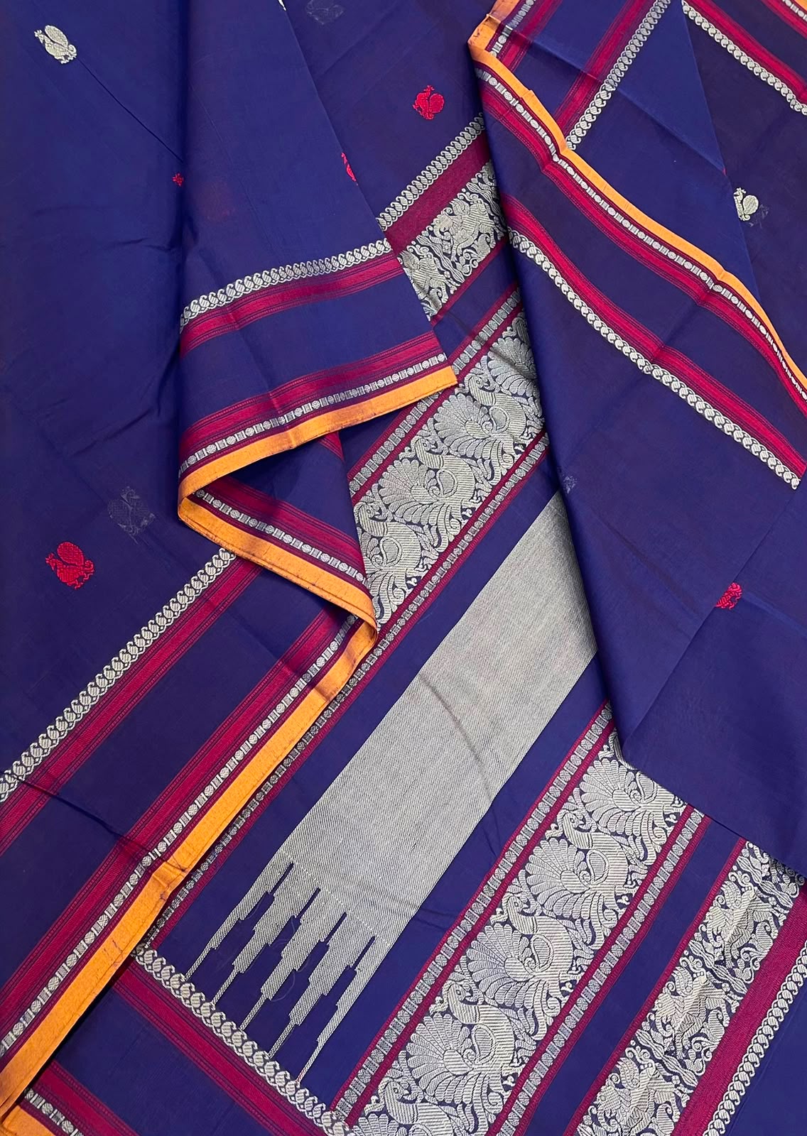 Pure Handloom Kanchi rich Cotton Saree | blue X red x yellow| thread handwoven pallu x rettaipet border