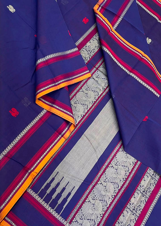 Pure Handloom Kanchi rich Cotton Saree | blue X red x yellow| thread handwoven pallu x rettaipet border