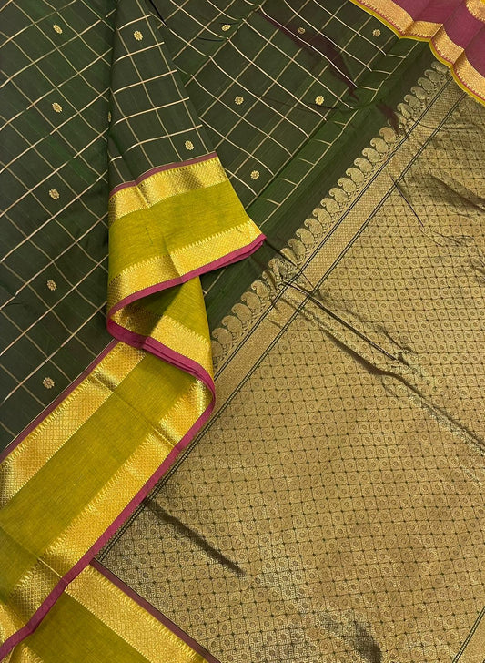 Kanchi merceried soft cotton | earth green x pink | kattam x tiny kamalam butta | ganga jamuna zari border