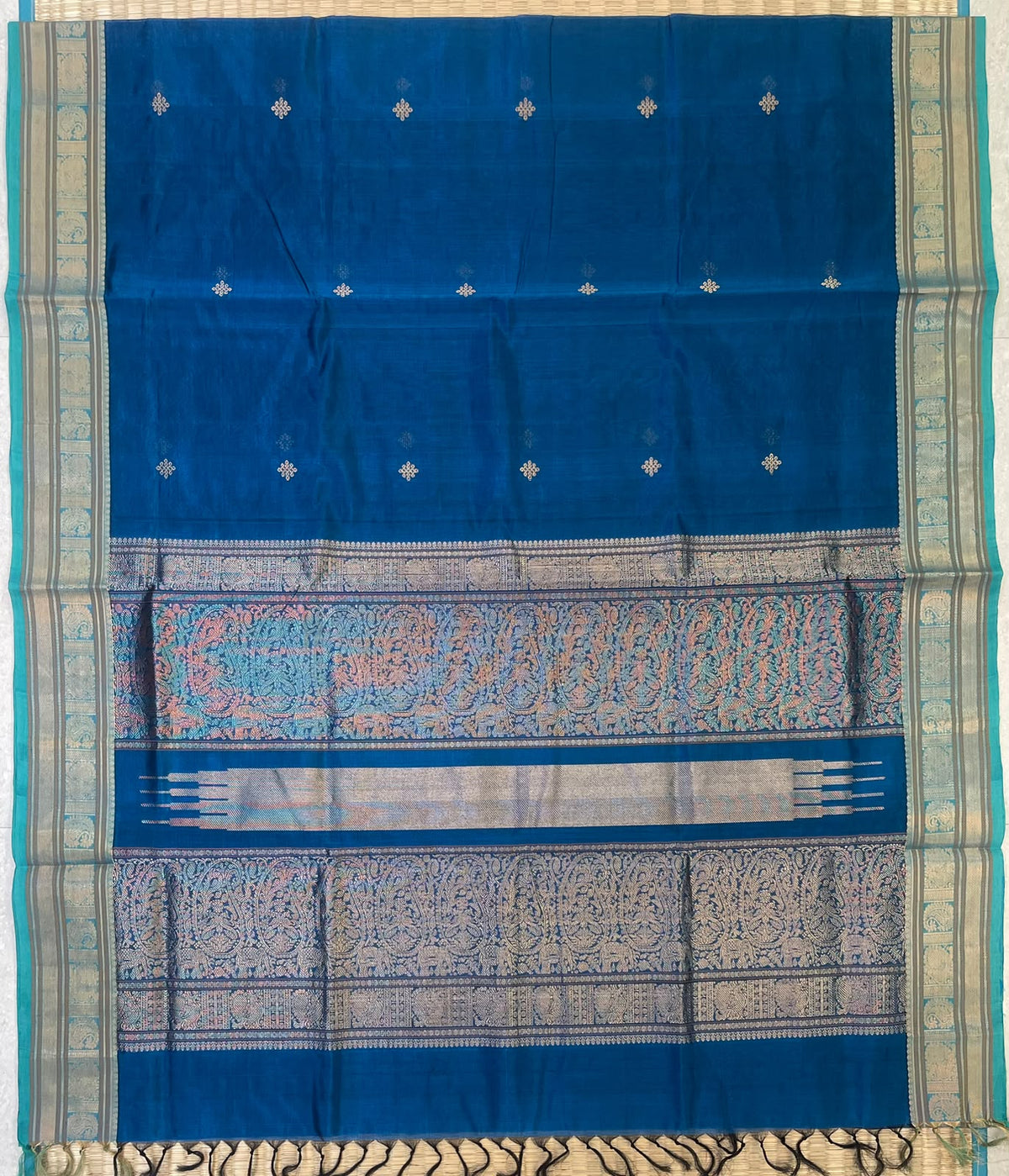 Kanchi Silk Cotton Sarees | zari tiny kolam motif X rich zari  pallu X zari  border | blue x skyblue