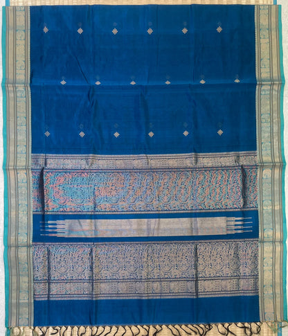 Kanchi Silk Cotton Sarees | zari tiny kolam motif X rich zari  pallu X zari  border | blue x skyblue