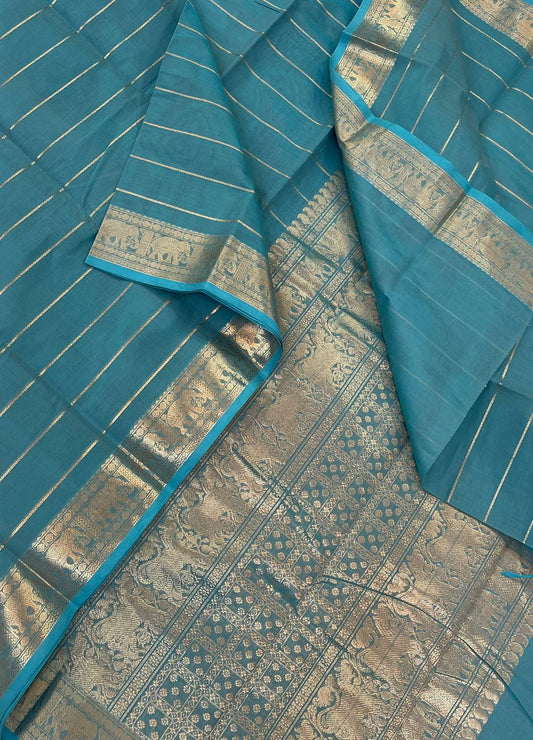 Pure Handloom Kanchi rich Cotton Saree | sky blue X gold  | zari border x veldhari