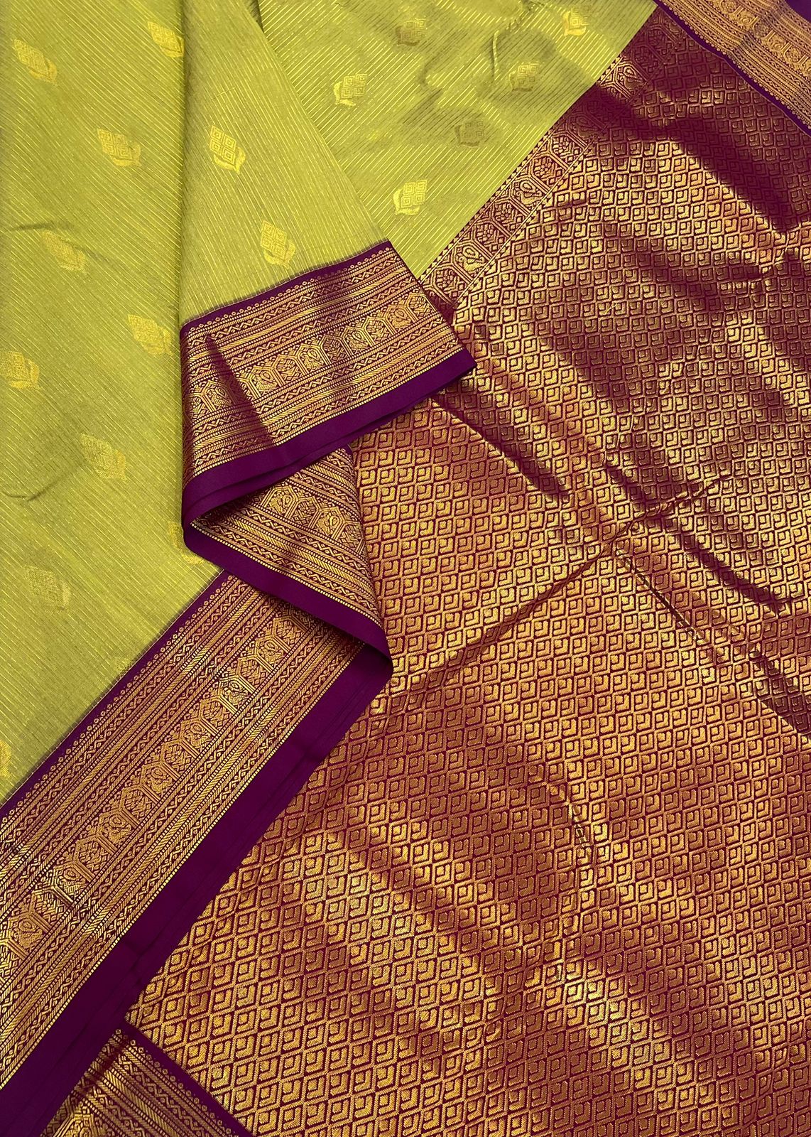 Semi Silk soft Cotton Sarees | vertial lines  X butta x  zari border | green X gold | NKV11