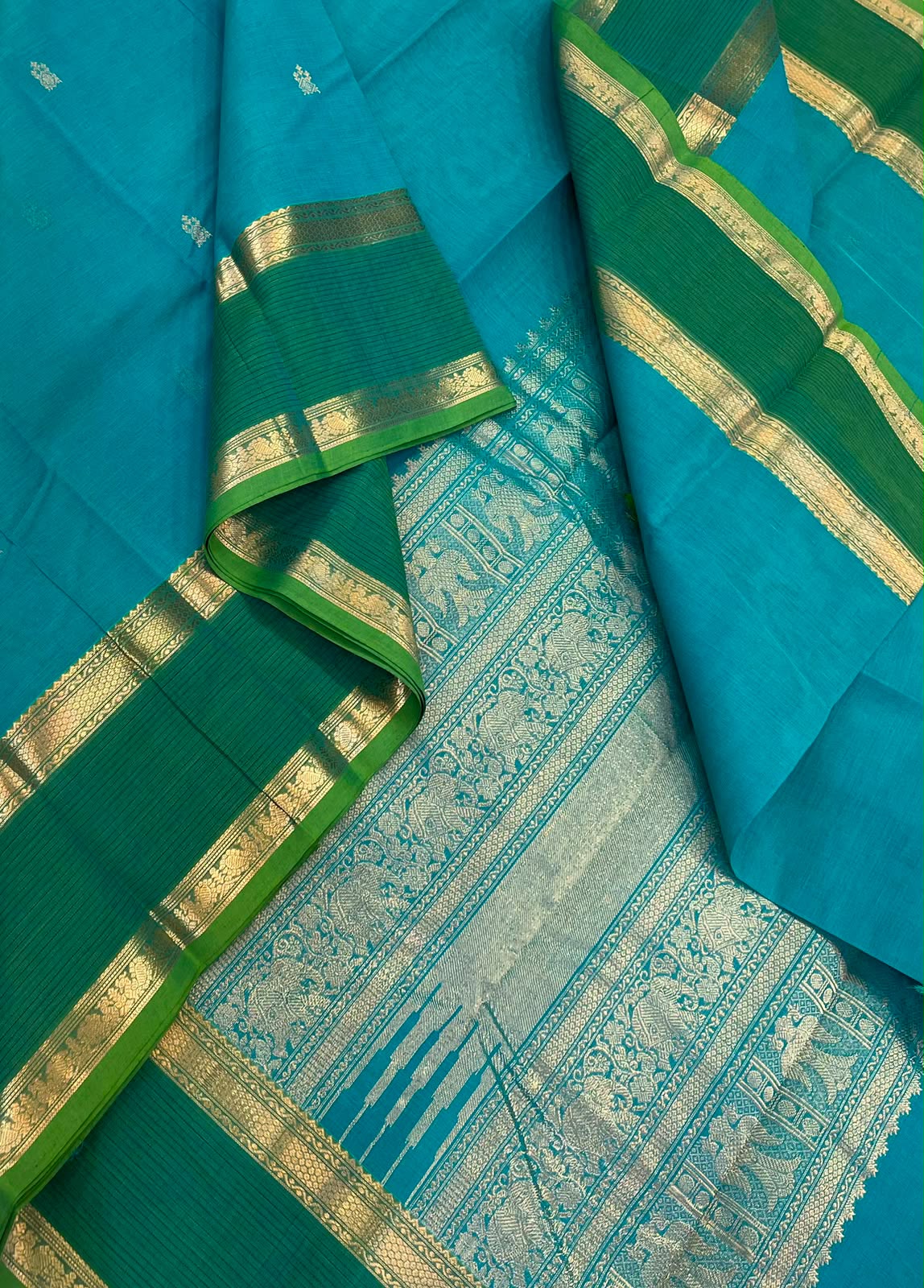 Pure Handloom Kanchi rich Cotton Saree | sky blue x green | rettaipet zari border X rich handwoven zari pallu
