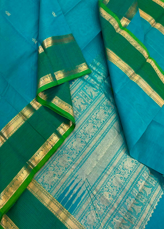 Pure Handloom Kanchi rich Cotton Saree | sky blue x green | rettaipet zari border X rich handwoven zari pallu