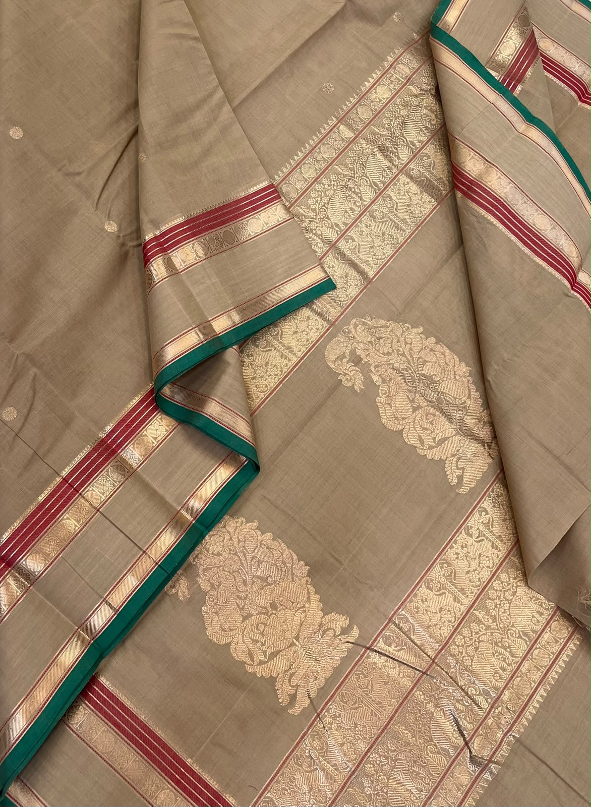 Pure Handloom Kanchi rich Cotton Saree | cream x red x green  | zari woven  rettaipet border