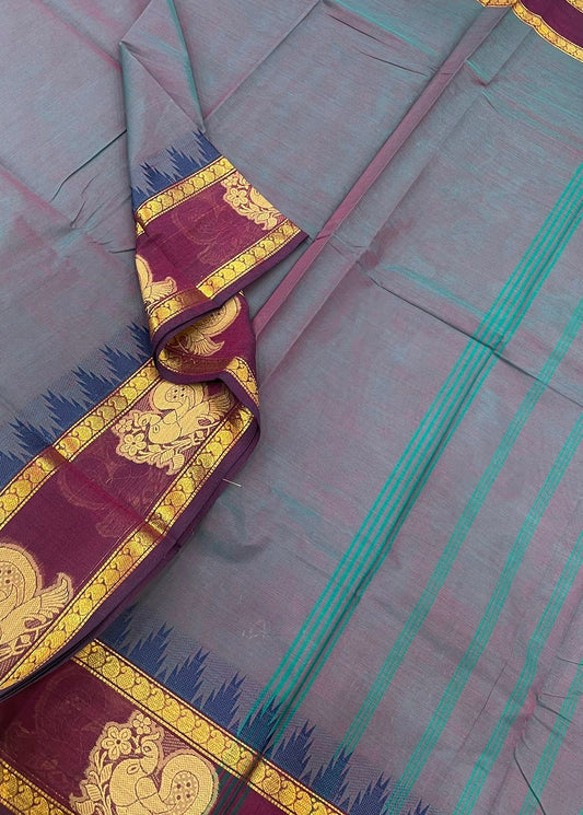 Kanchi soft cotton |mayil butta x Zari rettaipet border | twotone violet x burgandy