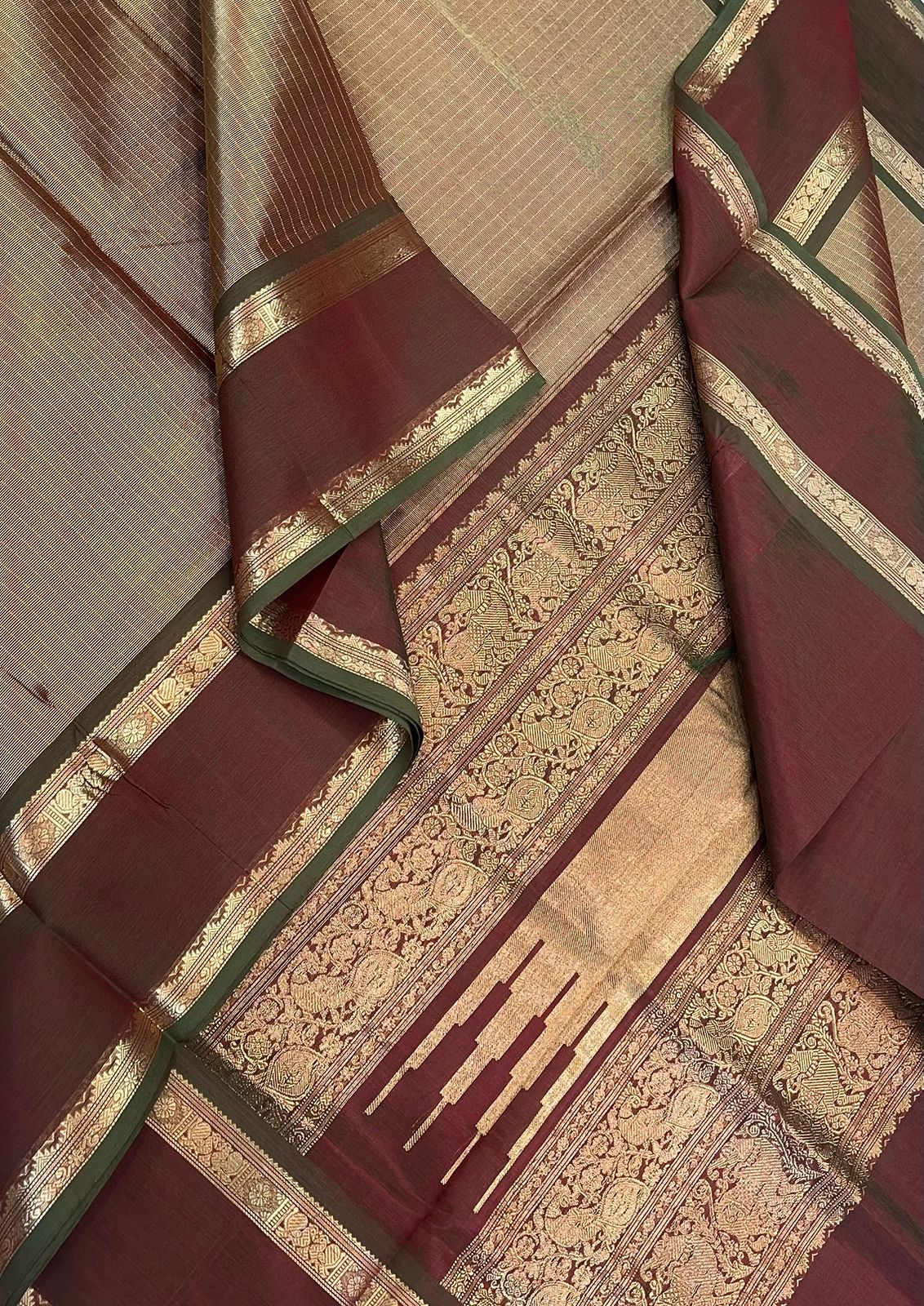 Kanchi tissue Silk Cotton Sarees | rettaipet zari woven border  x tissue body   | gold X maanthulir marron