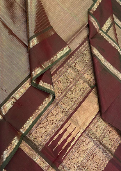 Kanchi tissue Silk Cotton Sarees | rettaipet zari woven border  x tissue body   | gold X maanthulir marron