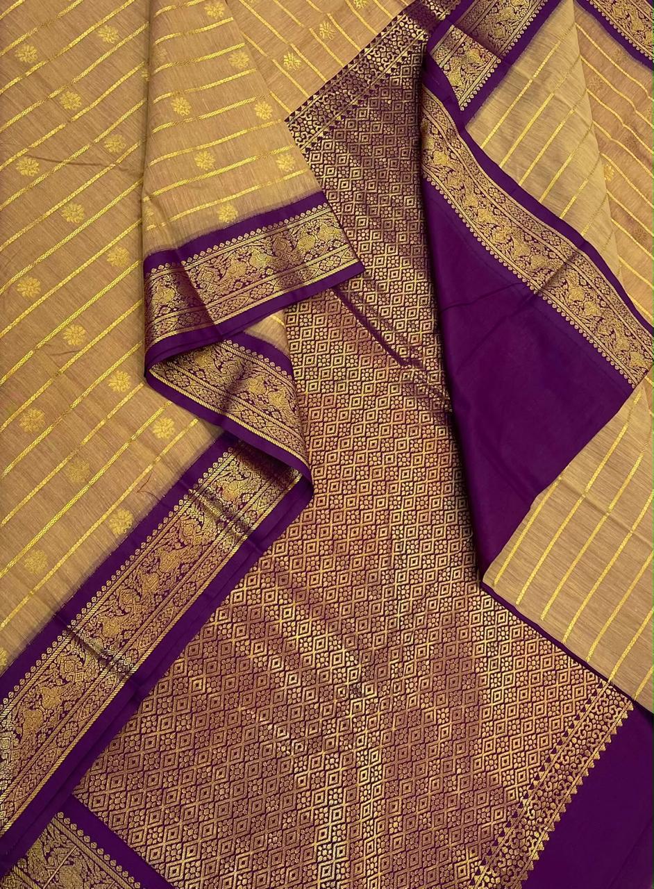Semi Silk soft Cotton Sarees | korvai  border X  veldhari  | mustard x dark violet | NKV11