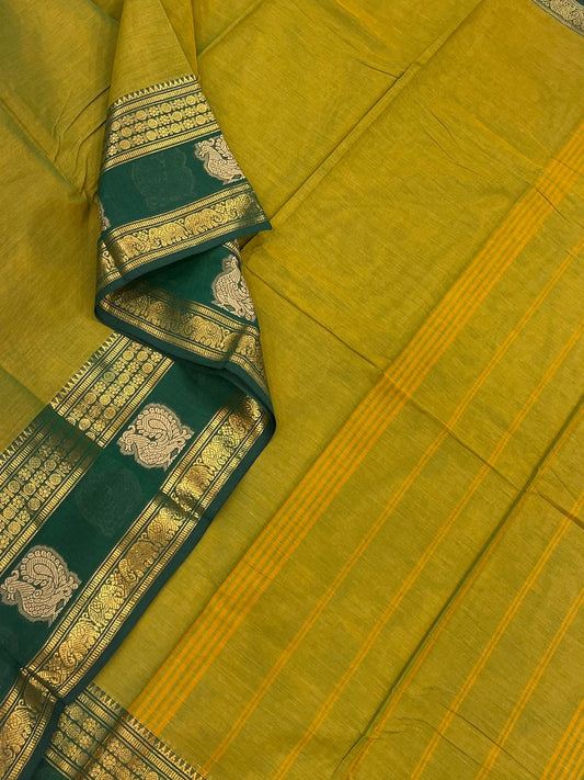 Kanchi soft cotton |mayil butta x Zari  rettaipet border | leaf green x dark green