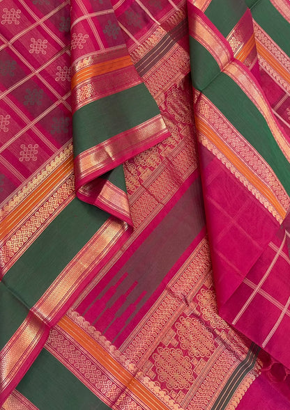 Kanchi Silk Cotton Sarees | 1000 kolam butta  X rich zari pallu X zari rettaipet border | pink X green